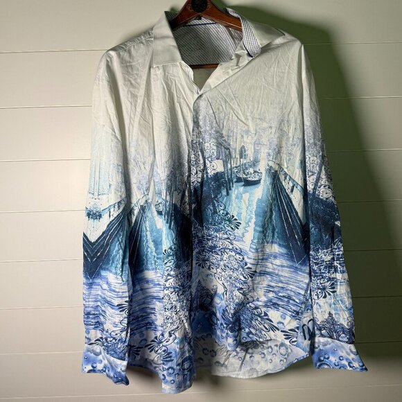 RARE:  Bugatchi 3X Long Sleeve Button Up Shirt Blue White Venice Scene - Picture 1 of 11